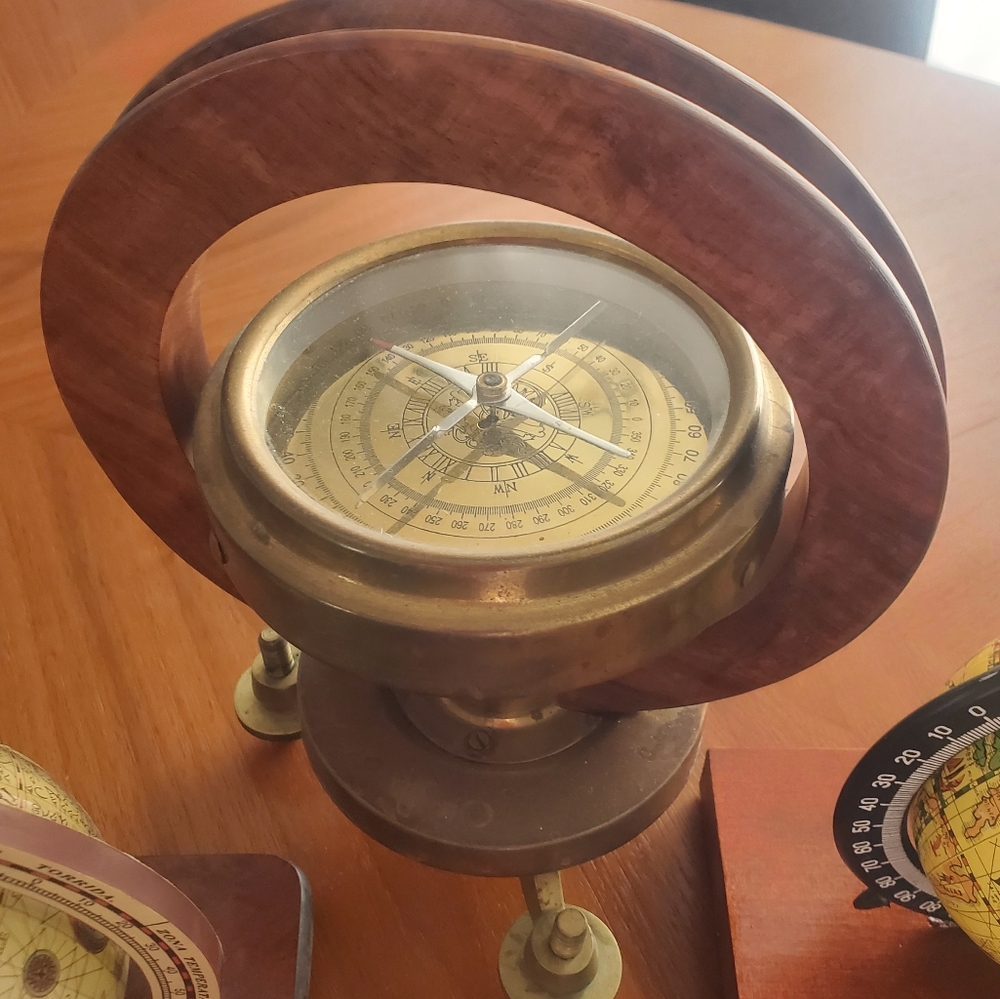 Vintage Brass and Wood Compass Decor
